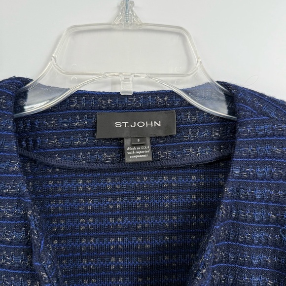 St. John Women’s Tweed Sweater Blazer W/ Leather Pockets Size 8 Blue Black wool - Picture 6 of 10